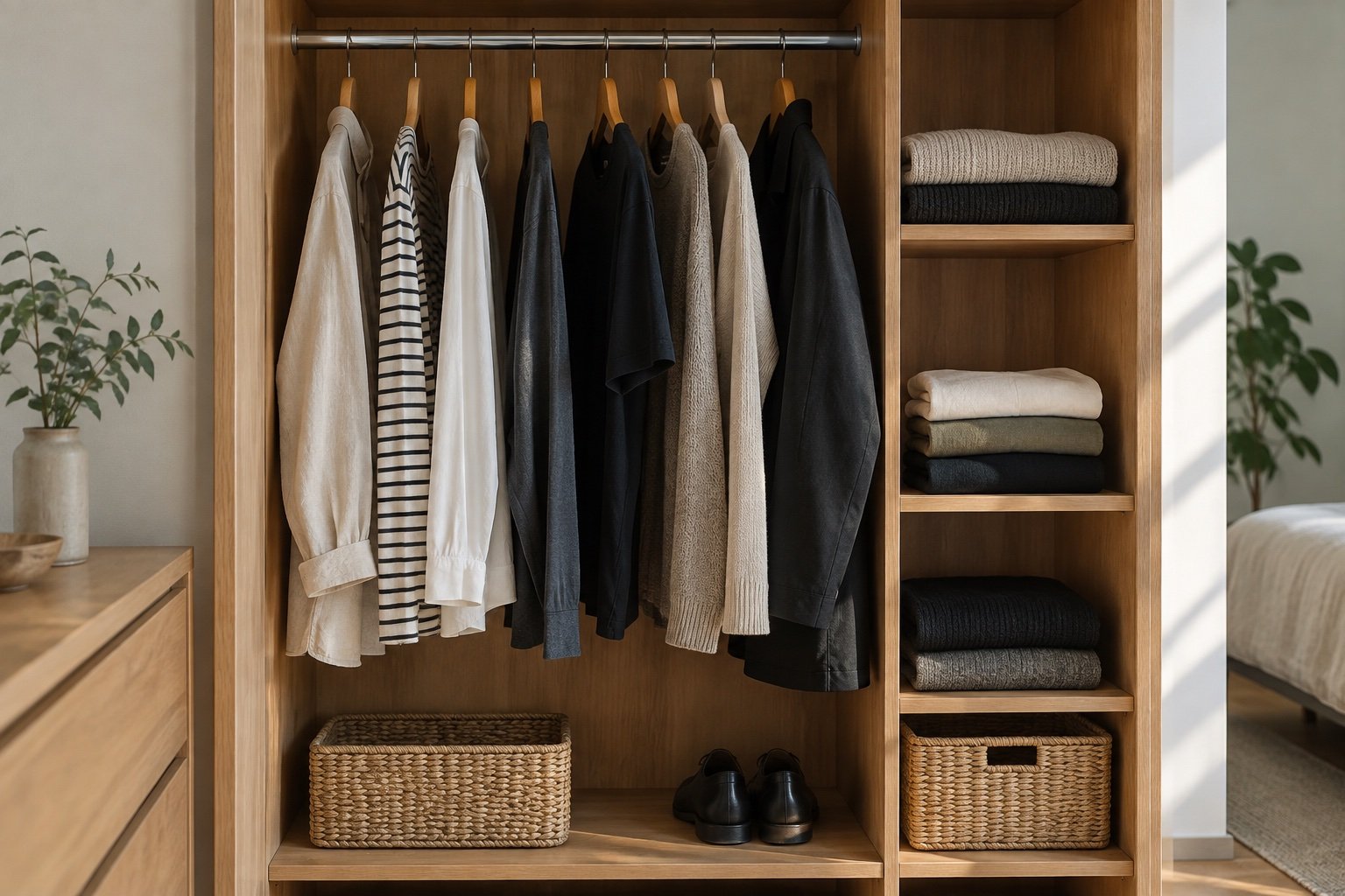 Guarda-roupa compacto com roupas neutras e escuras